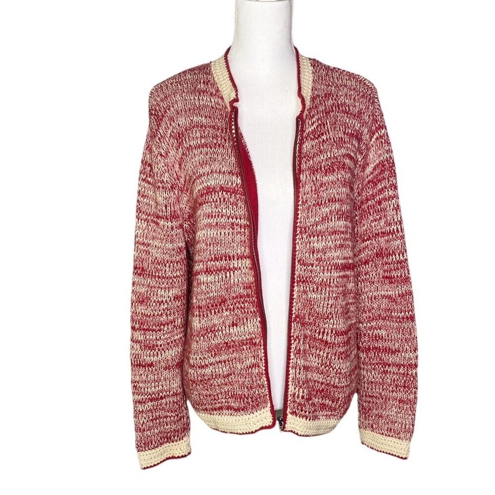 J Jill Sweater Women Sz Small Red Beige  Cardigan Chunky Knit Mock Neck Small